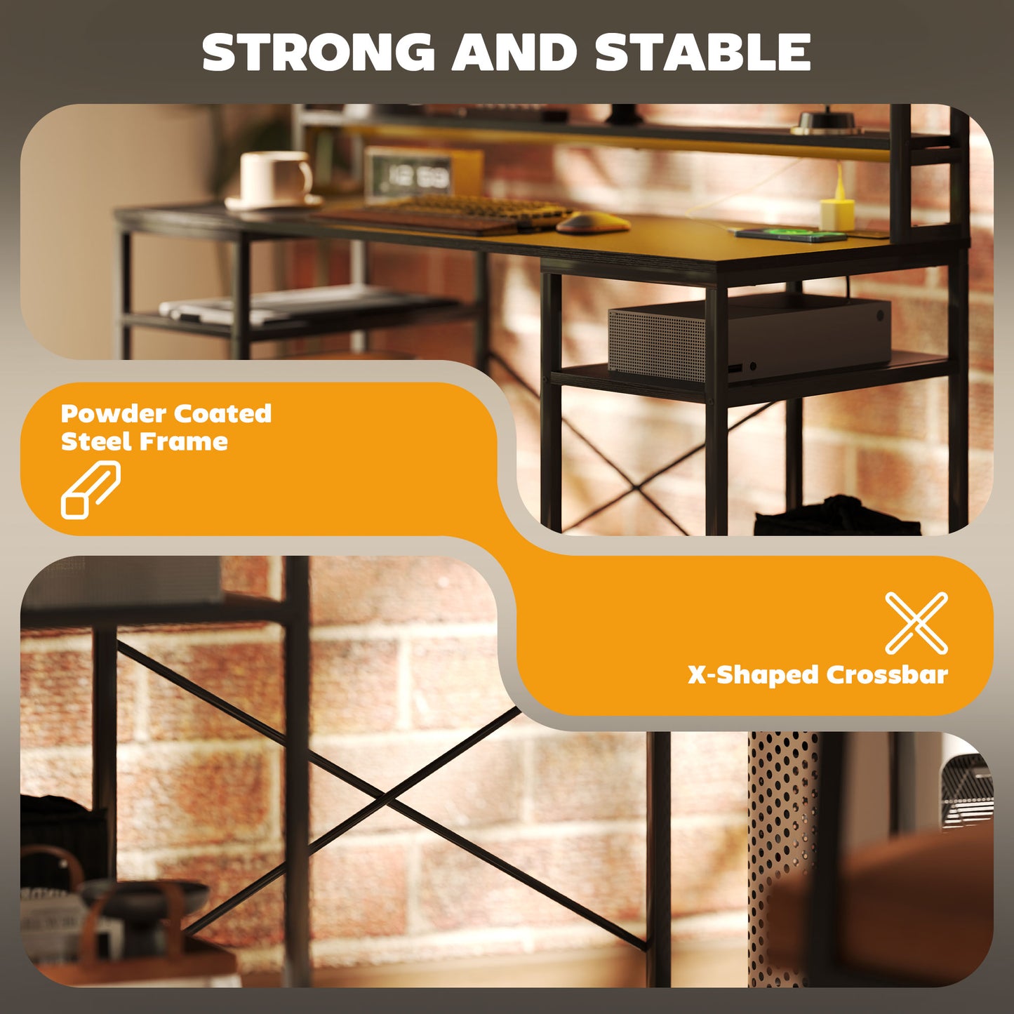 HOMCOM Computer Desk with Power Outlets & LED, Home Office Desk with Monitor Stand & 2 CPU Stands, Hutch Gaming Desk, Black