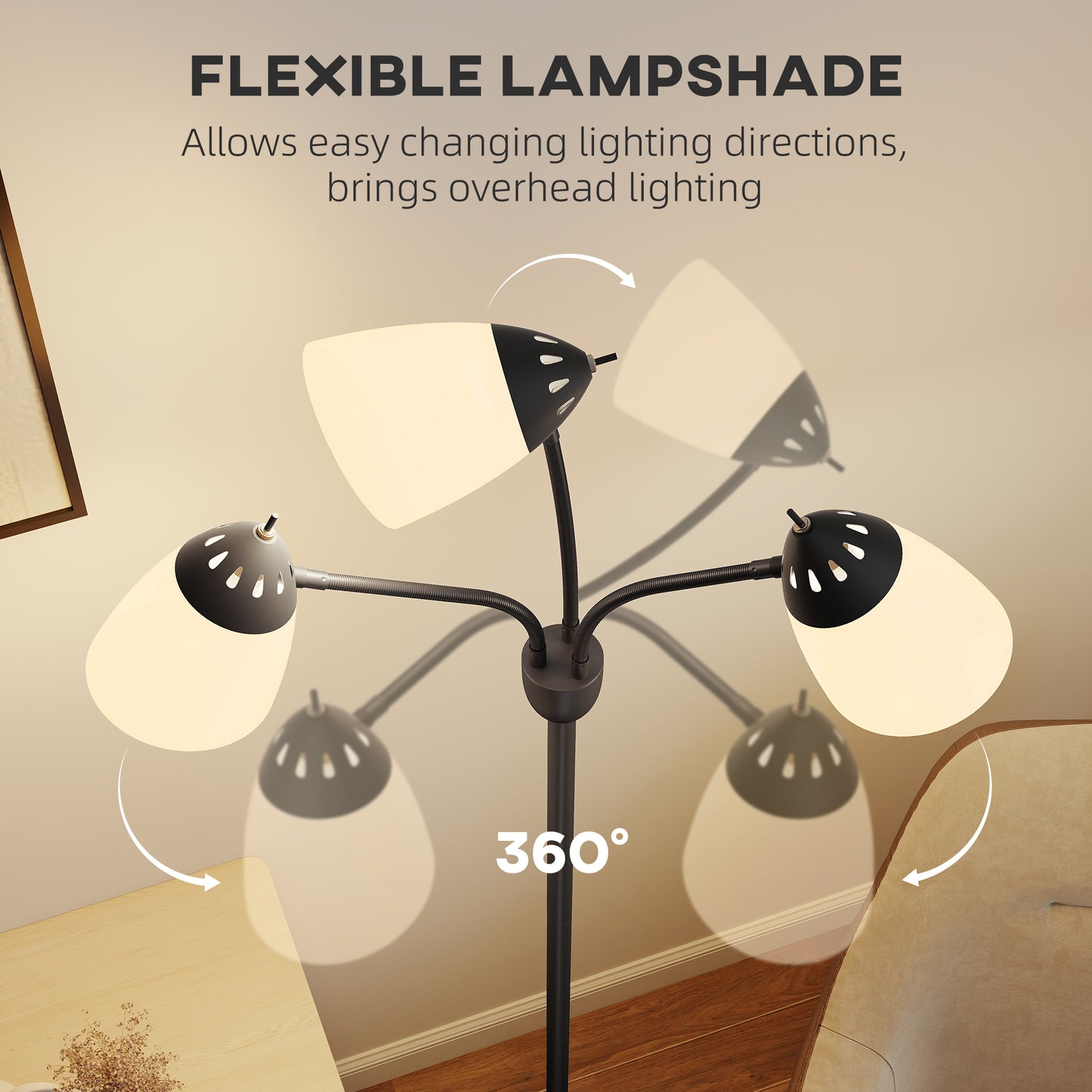 HOMCOM Arc Tree Floor Lamp, 3 Adjustable Lights, 3000K/4500K/6500K Temps, Industrial Steel Frame for Bedroom/Living Room, 155cm, Black