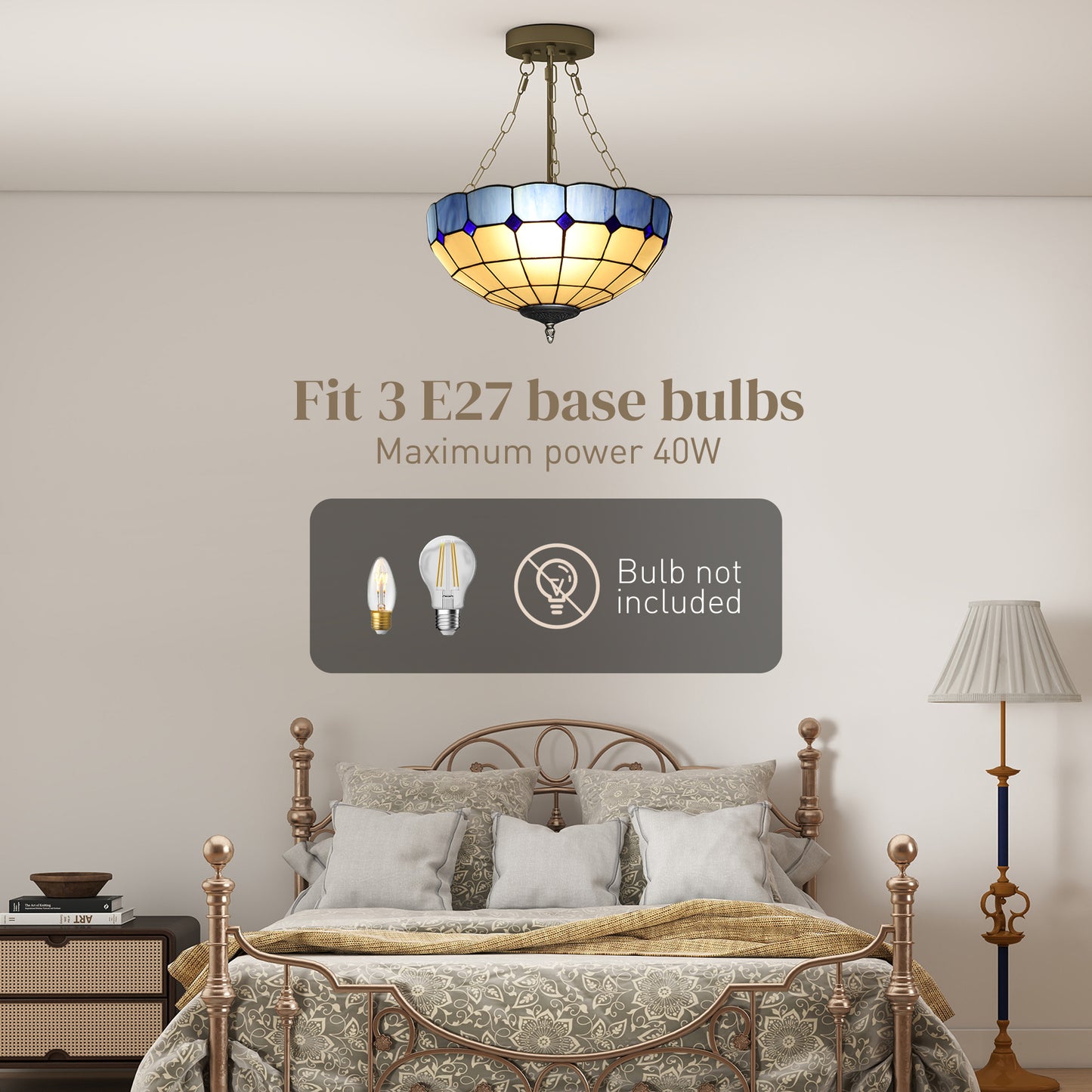 HOMCOM Tiffany Style Ceiling Light, Vintage Chandelier with 3 E27 Sockets, Semi Flush Mount for Living Room, Bulbs Not Included Blue