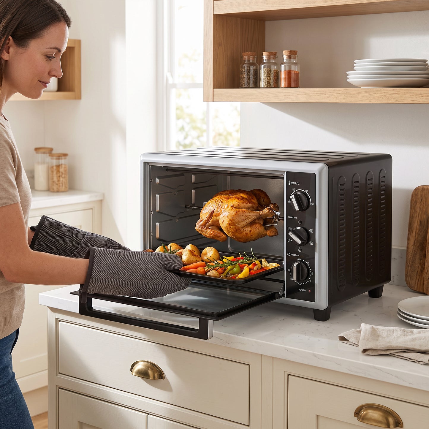 HOMCOM 36L Mini Oven with Convection, Electric Countertop Cooker with Rotisserie, 90–230°C Adjustable Temperature, 1500 W