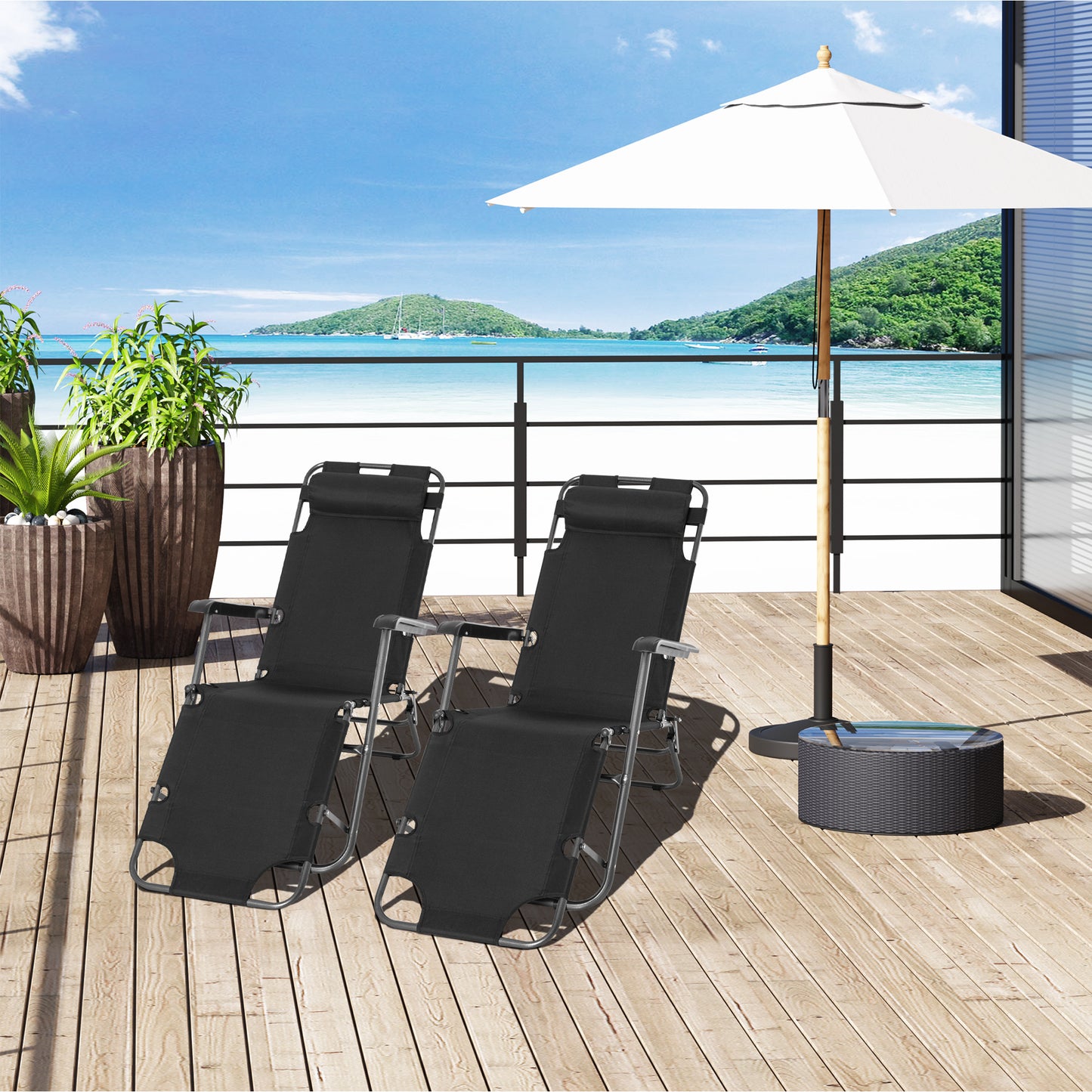 Outsunny 2-in-1 Folding Sun Lounger Set, Reclining Garden Chairs with Adjustable Backrest, Head Pillow, Armrests, Set of 2, Black