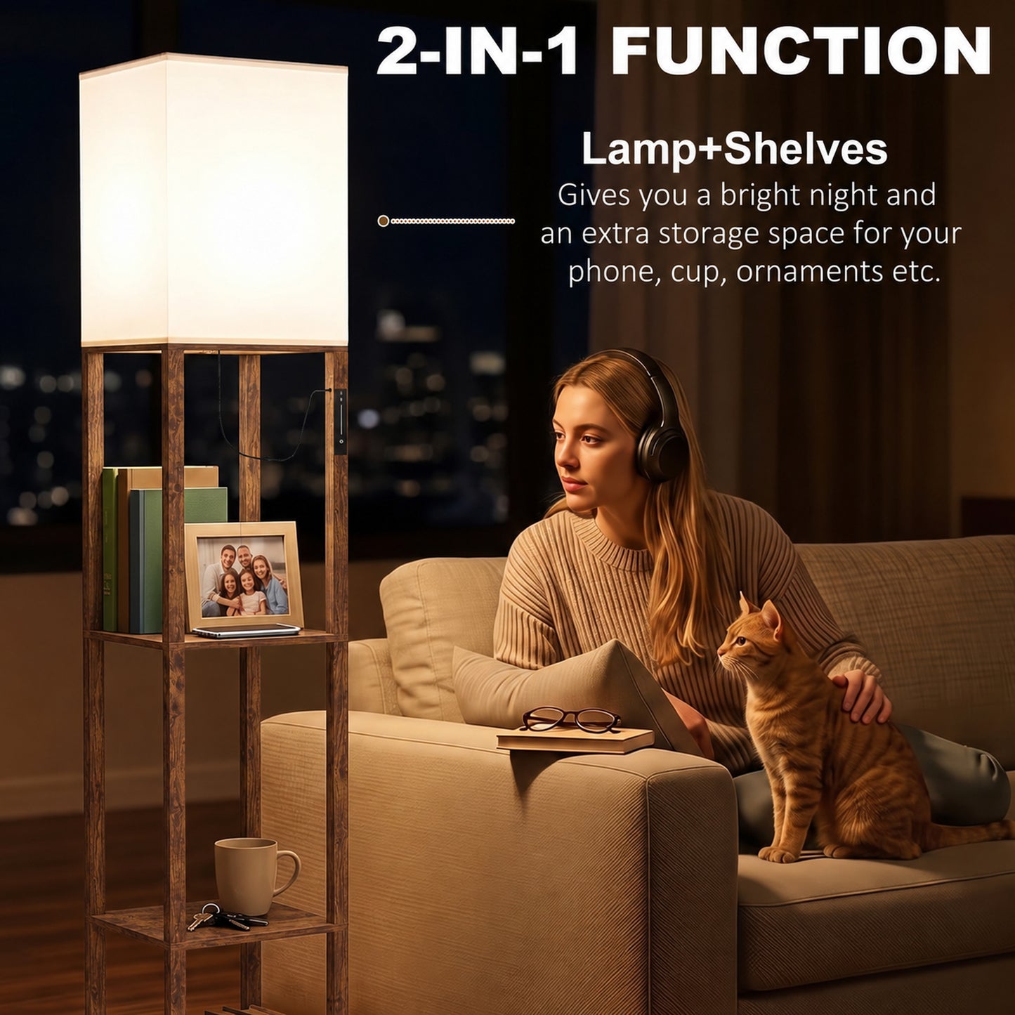 HOMCOM Floor Lamp with Shelves, Modern Dimmable Standing Lamp with Fabric Shade, Adjustable Colour Temperature, Rustic Brown