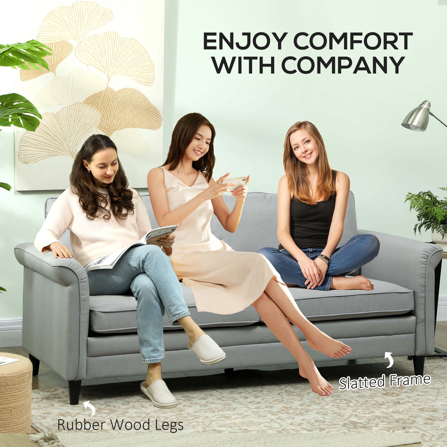 HOMCOM 3 Seater Sofa, Modern Fabric Couch with Spring Cushion, Rubber Wood Legs, 191cm for Living Room, Bedroom, Home Office, Grey