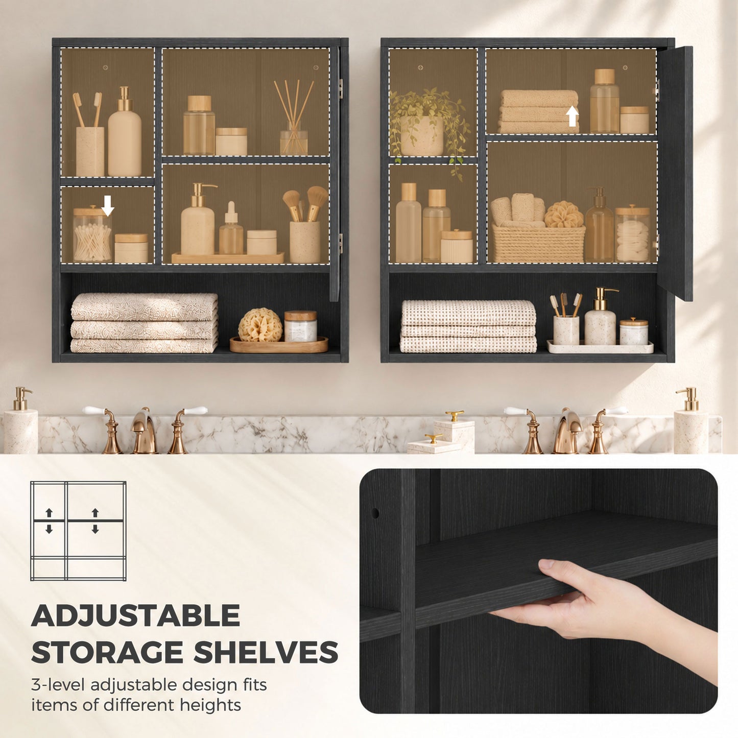 HOMCOM Bathroom Mirror Cabinet, Wall-Mounted Bathroom Cabinet with Mirror Door, Adjustable Shelves, Black