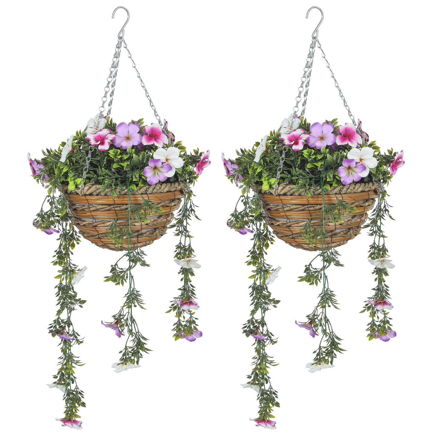 HOMCOM Set of 2 Decorative Artificial Plants, Faux Silk Azalea Flowers in Hanging Baskets, Pink and White