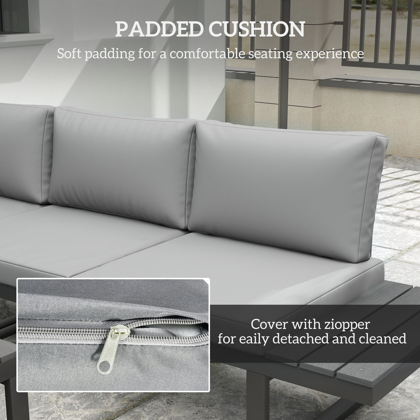 Outsunny 4-Piece Patio Set: 5-Level Recline Corner Sofa, Cushions, Wood Grain Table, Black Frame, Light Grey
