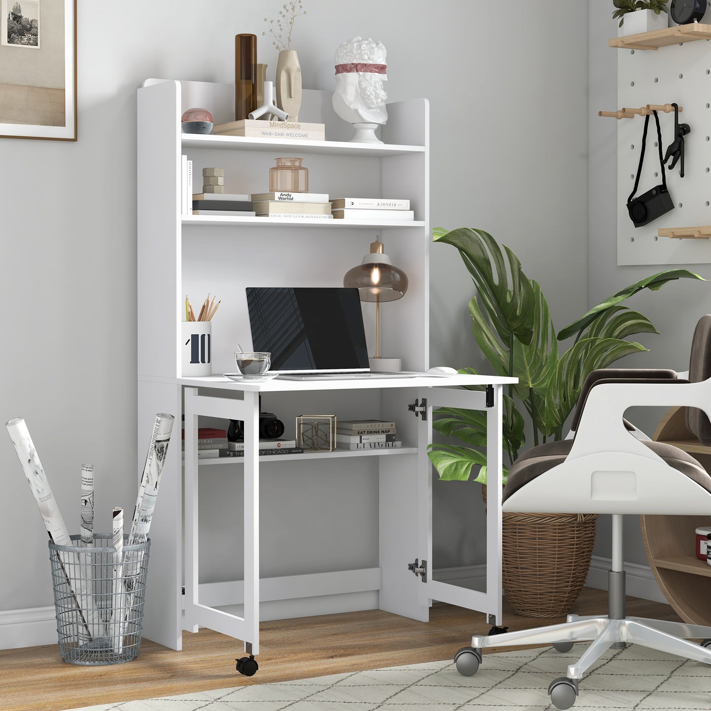 HOMCOM Computer desk with storage shelves, foldable top, 2 casters for bedroom & living room 80 x 69 x 155 cm white