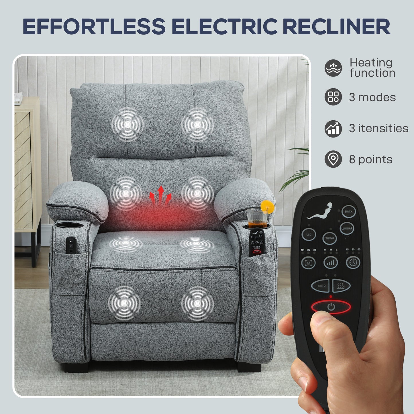 HOMCOM Electric Massage Recliner Chair Velvet Grey