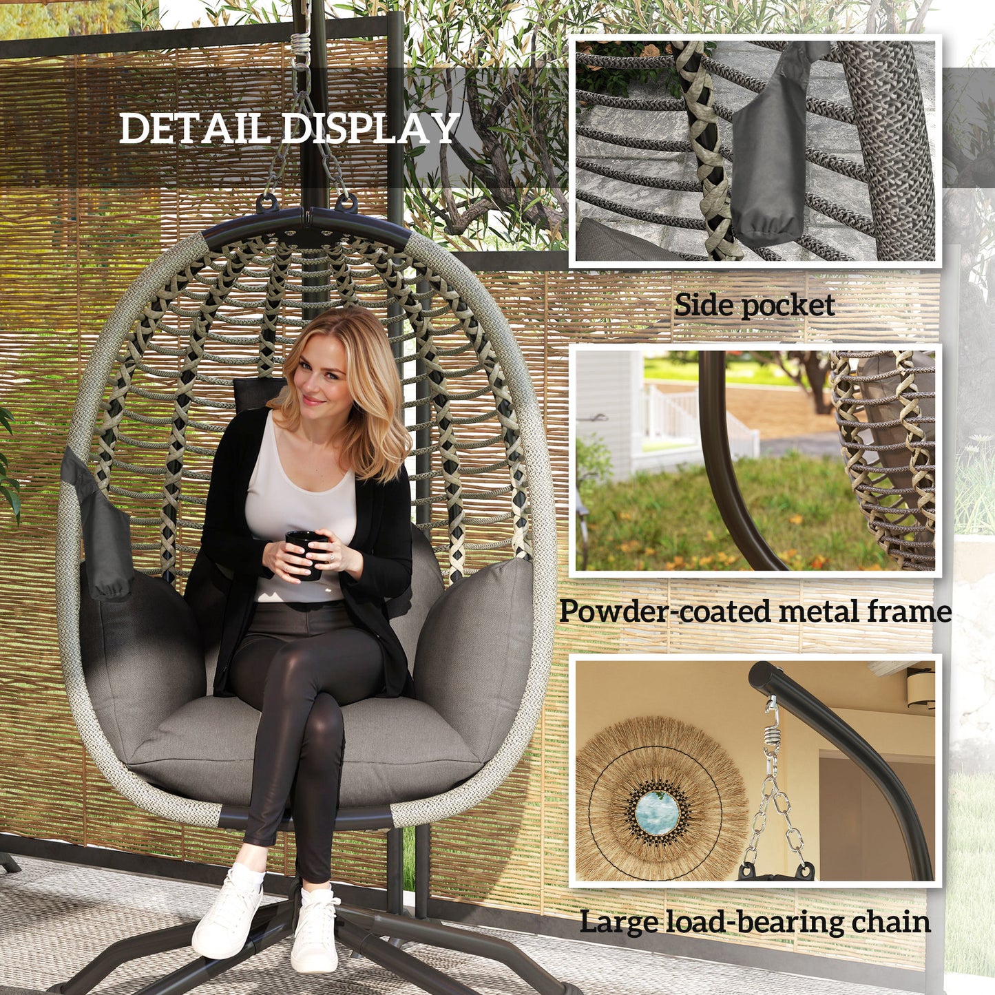 Outsunny Outdoor Swing Chair with Cushion & Metal Stand, Foldable Basket, Cup Holder, Dark Grey