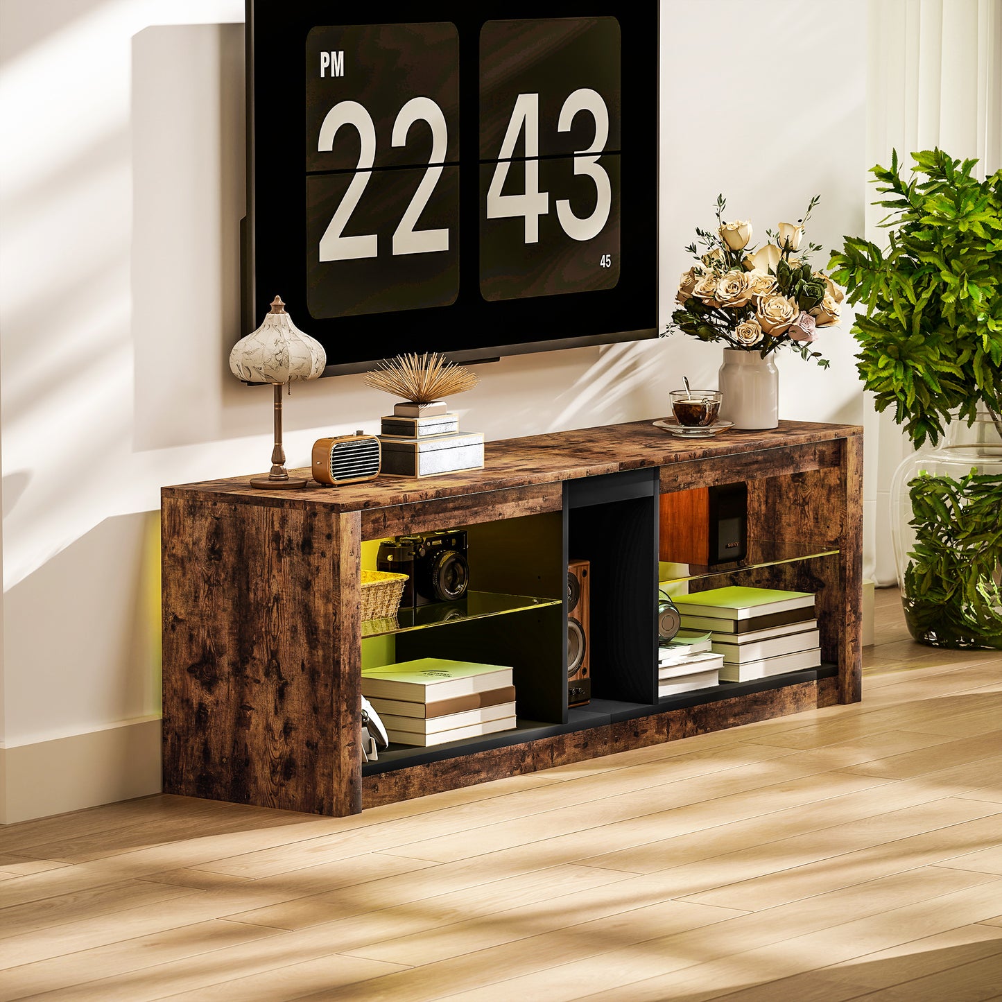 HOMCOM TV Stand Cabinet with LED Lights & Remote Control for TVs up to 65", Storage Shelves & Compartment, Rustic Brown