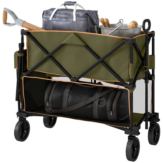 Outsunny Double Decker Folding Trolley on Wheels, 200KG & 350L Capacity Collapsible Wagon for Camping, Sports, Shopping, Garden & Beach, Grey