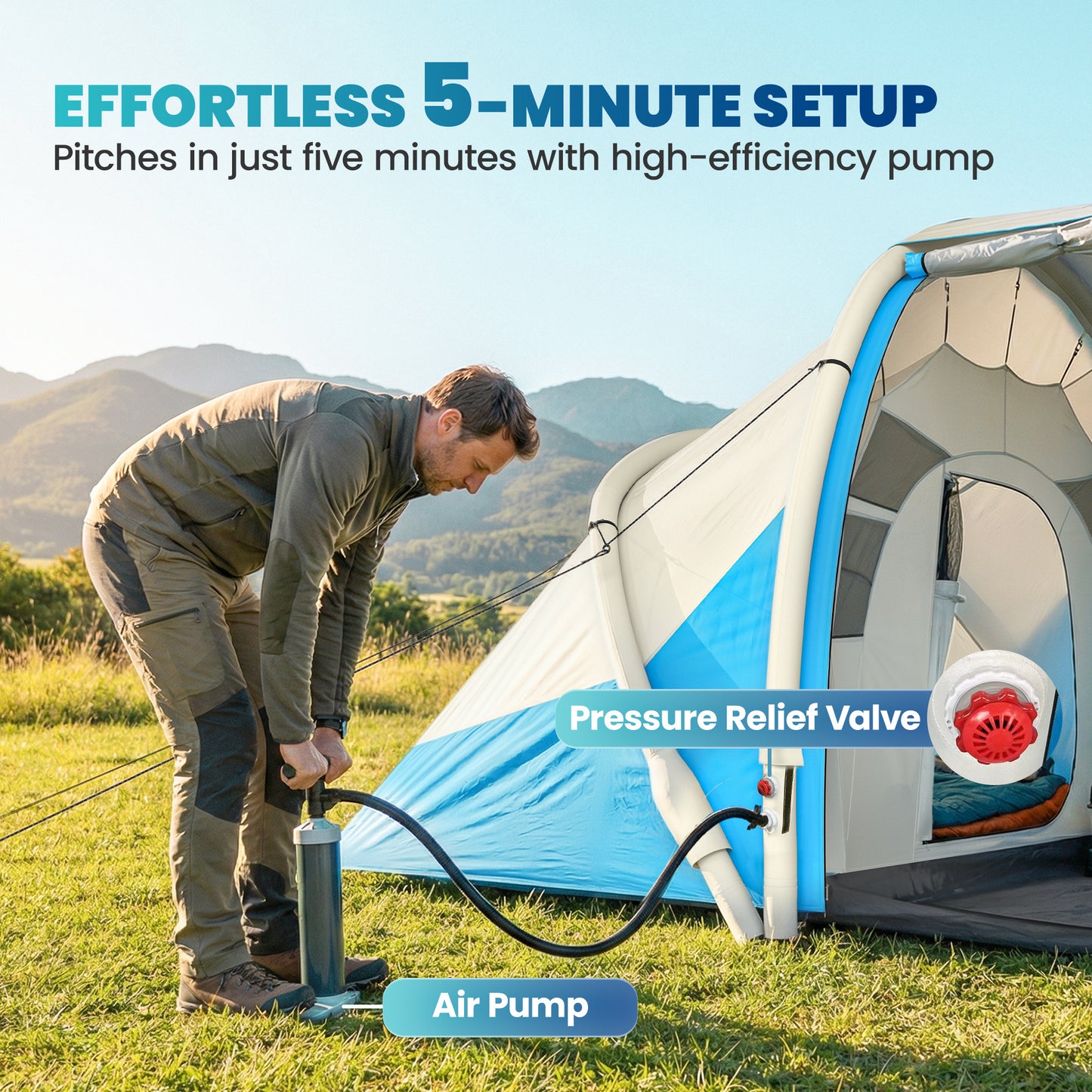 Outsunny Inflatable Tent 2 Bedroom 3000mm Waterproof Windproof Air Tent with Carry Bag for 4 Person