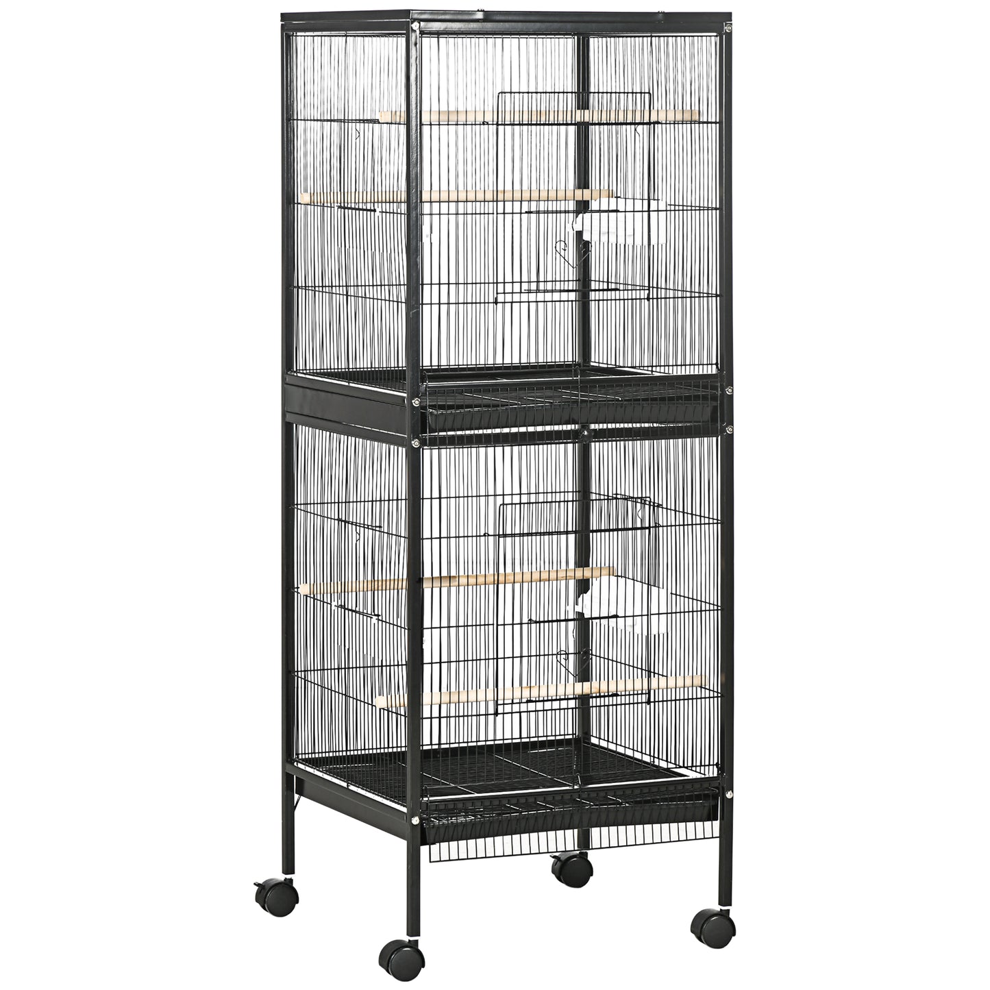 PawHut Bird Cage Budgie Cage 2 In 1 Large Aviary with Wheels Removable Trays for Finch Canaries Cockatiels Black