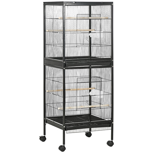 PawHut Bird Cage Budgie Cage 2 In 1 Large Aviary with Wheels Removable Trays for Finch Canaries Cockatiels Black
