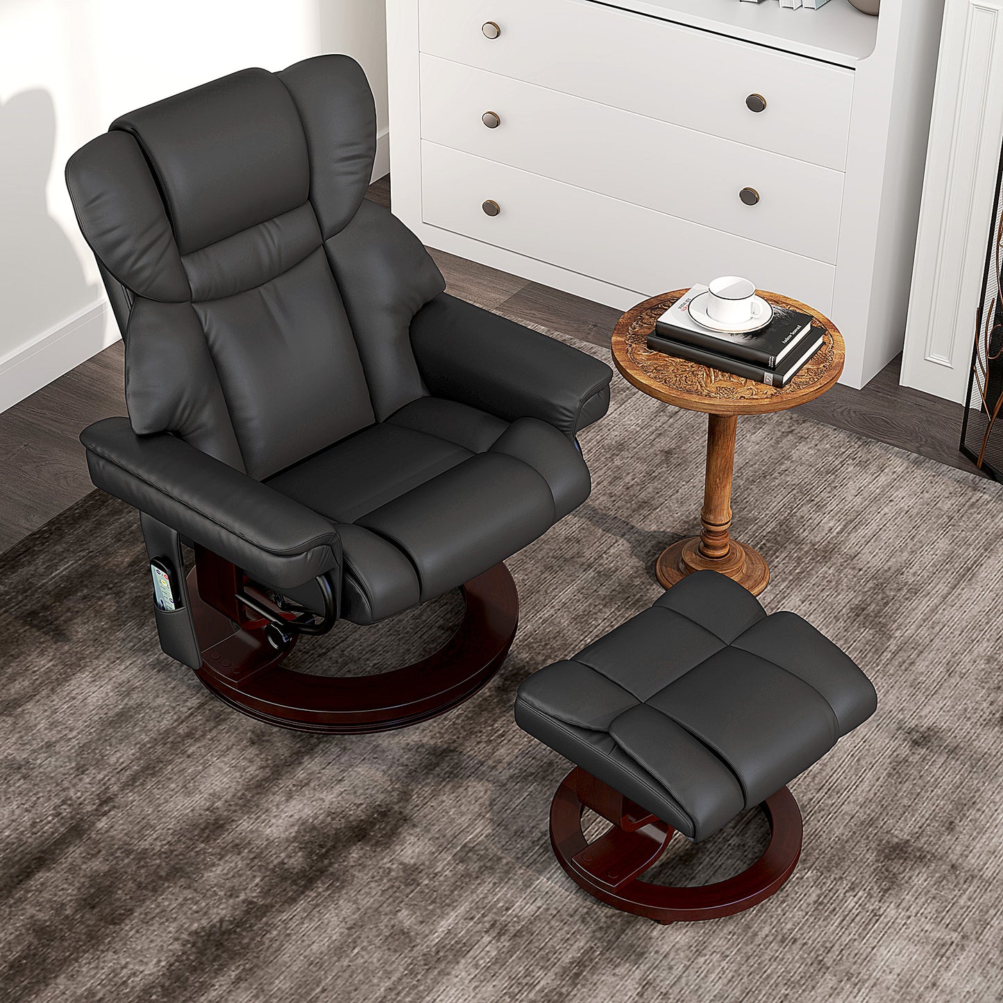 HOMCOM Massage Recliner Chair with Footstool, Upholstered Reclining Armchair, Adjustable Backrest, Steel Frame, Wood Base, Swivel, Black