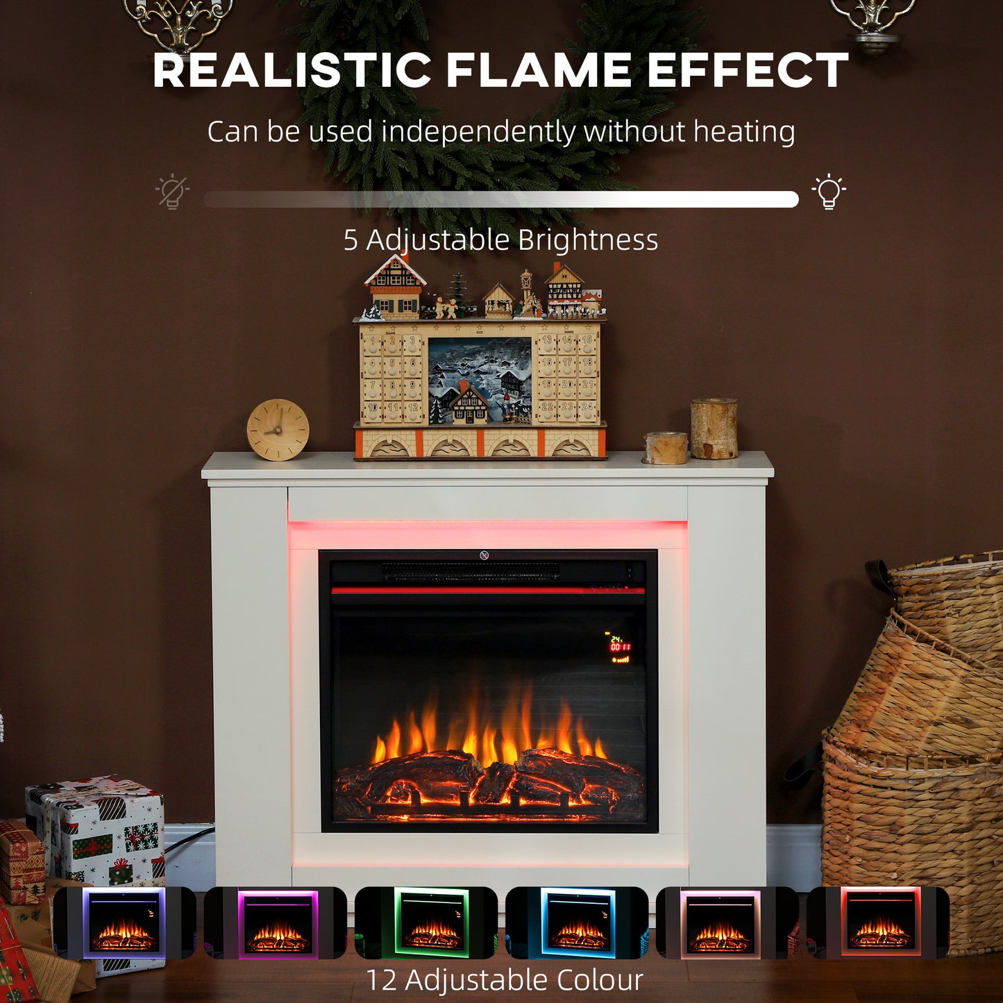 HOMCOM Electric Fireplace with 12 Flame Colours, 5 Brightness Levels, 1000W/2000W, Remote & Timer, Covers 30 m², Mantel Inset, White