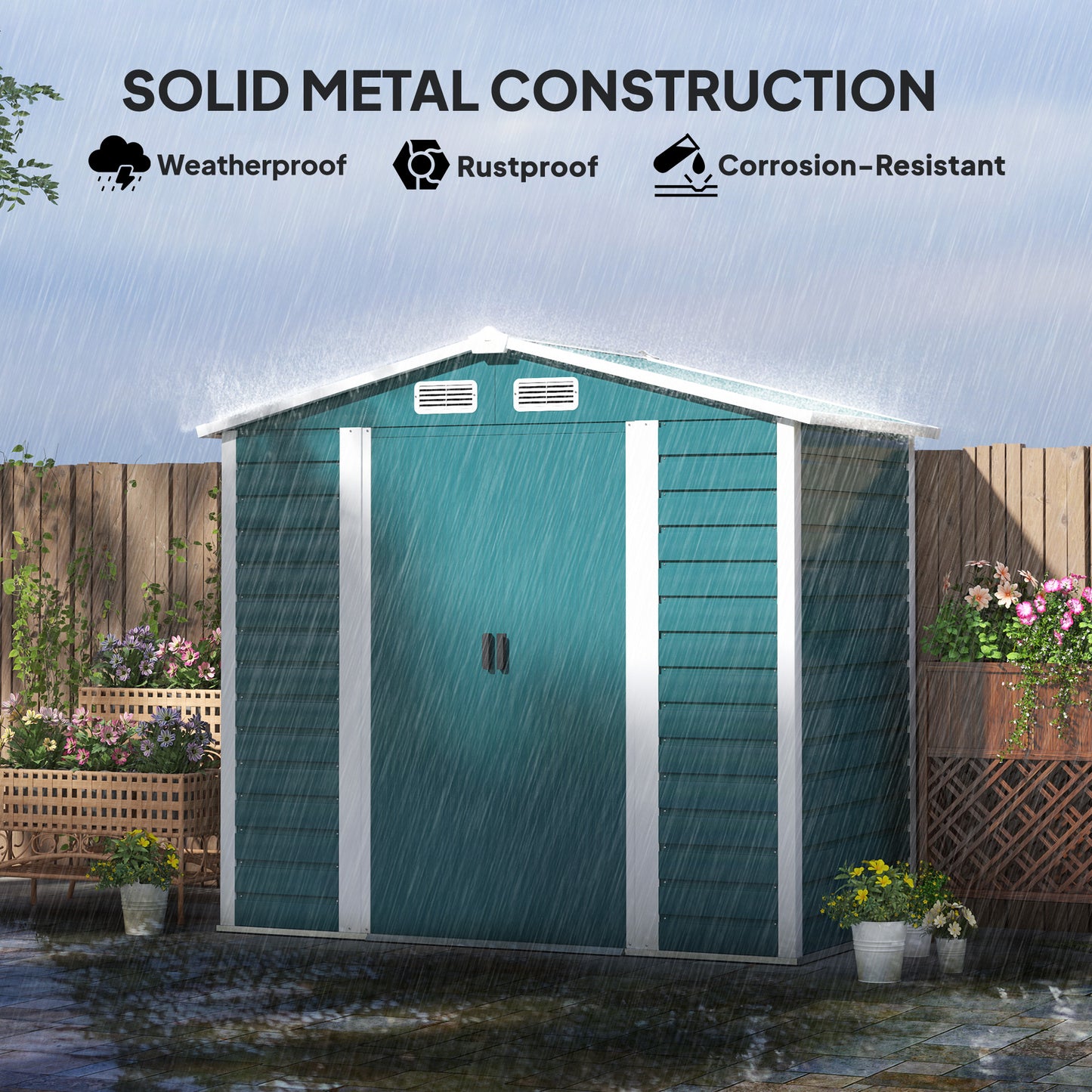 Outsunny Garden Shed 7x4ft, Easy Assembly, Upgraded Galvanised Steel, Double Lockable Doors, Vents & Gloves, Foundation Kit, Green