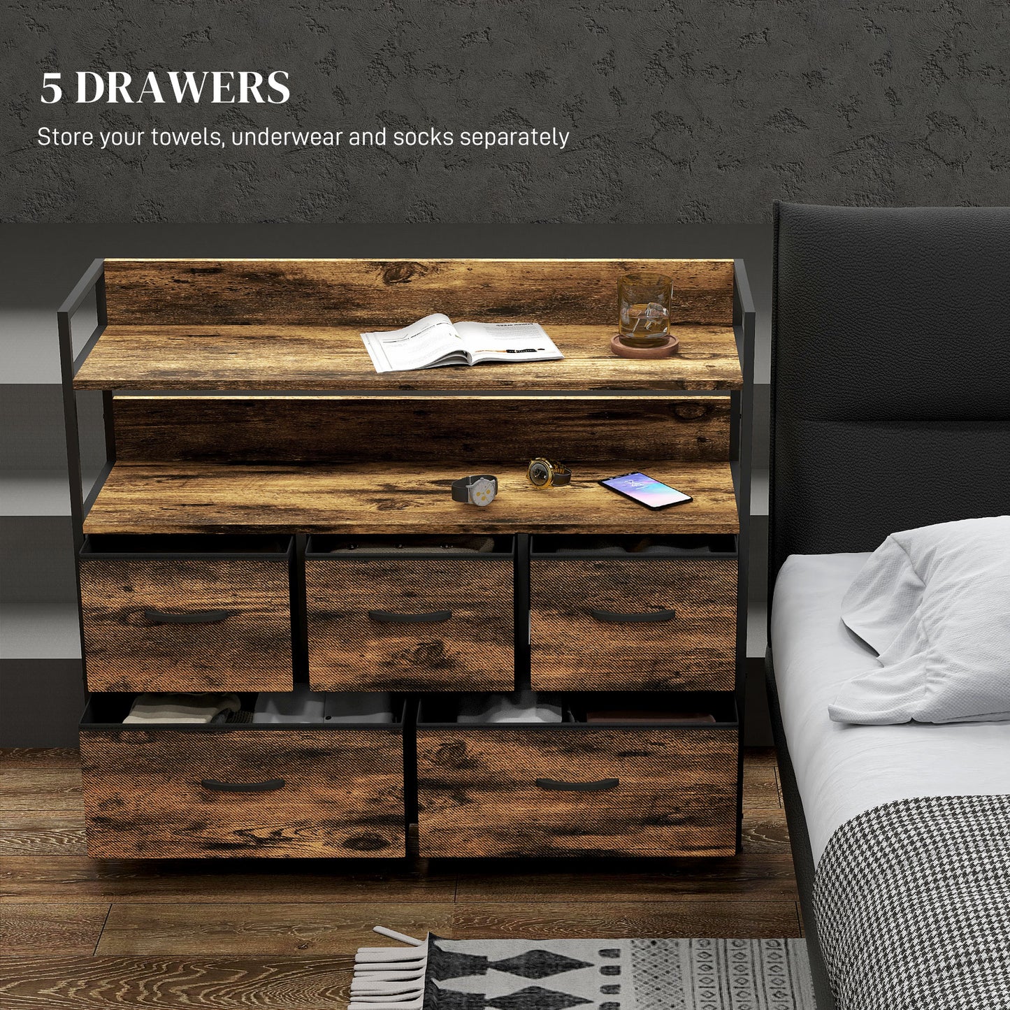 HOMCOM Rustic Chest of Five Fabric Drawers - Brown Wood Effect