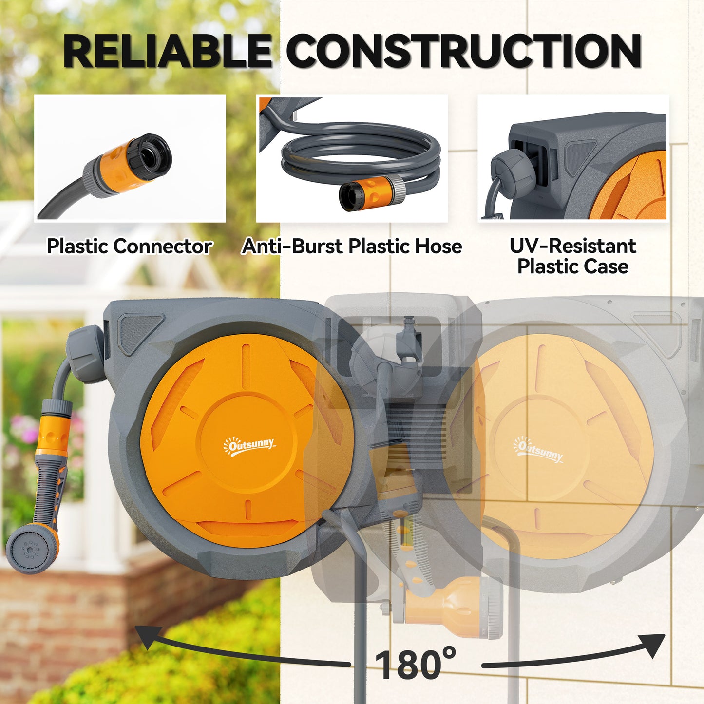 Outsunny Retractable Hose Reel, Wall Mounted, 32m, Auto Rewind, 7-in-1 Spray Nozzle, Wall Fixings, 180° Swivel, Garden Watering, Orange