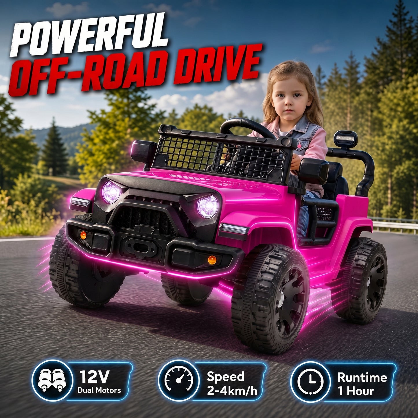 AIYAPLAY 12V Electric Car for Kids with Remote, Dual Motors, Rear Suspension, Soft Start, Music, Lights for 3-8 Years, Pink