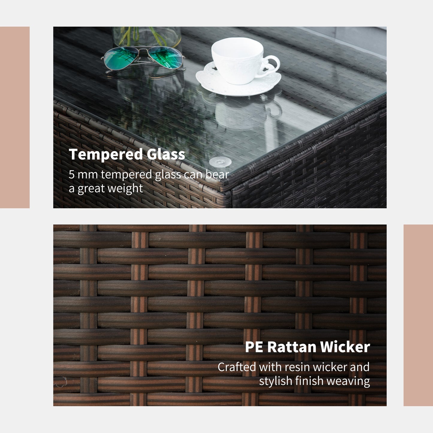 Outsunny Rattan Coffee Table with Glass Top Brown