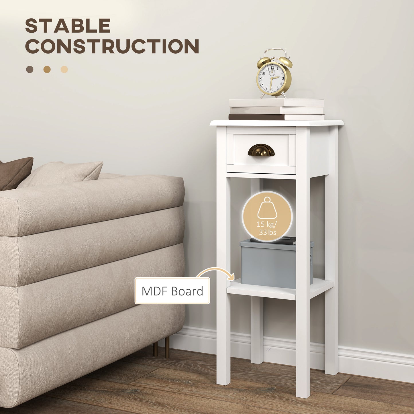 HOMCOM 2-Tier Side Tables Set of 2 with Drawer and Shelf, 2 Pieces Bedside Tables for Living Room and Hallway, White