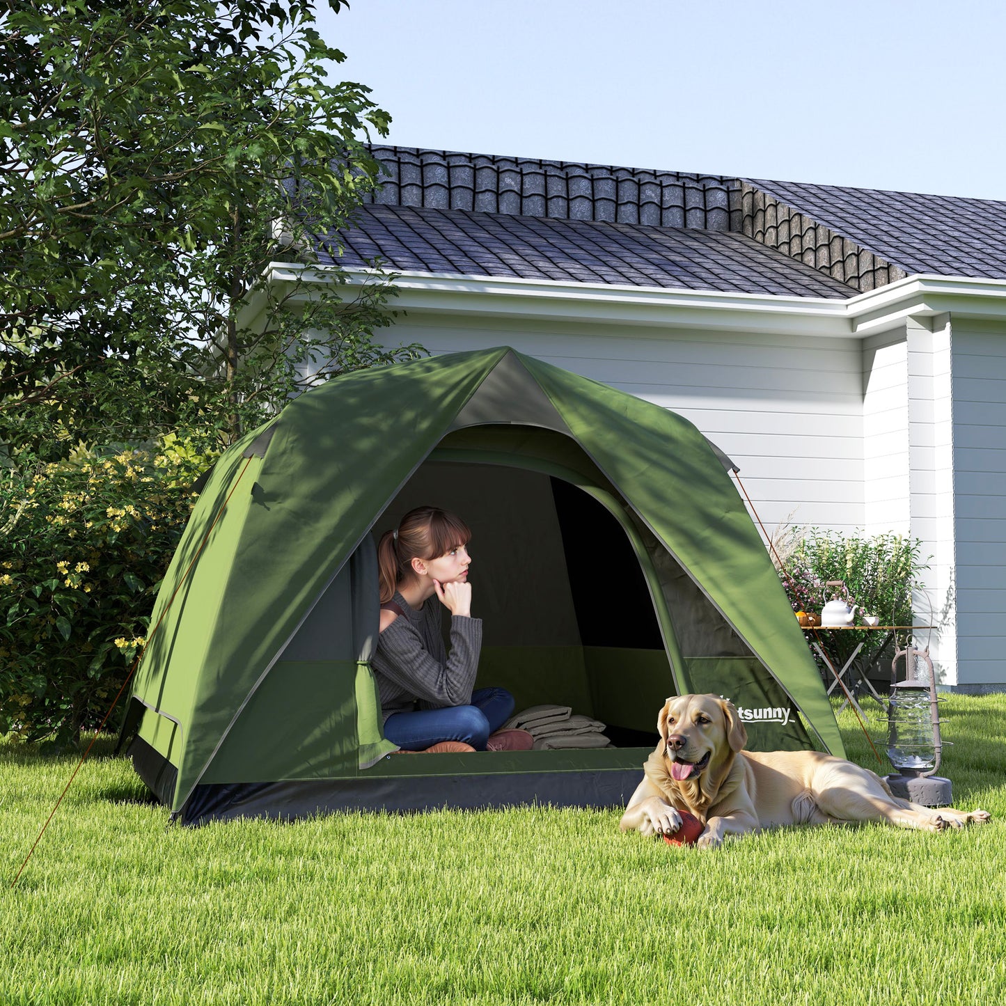 Outsunny 3-4 Person Camping Tent, Easy Set Up, Waterproof Dome, Sewn-in Groundsheet, Mesh Windows, Pocket & Hook for Camping, Olive Green/Grey