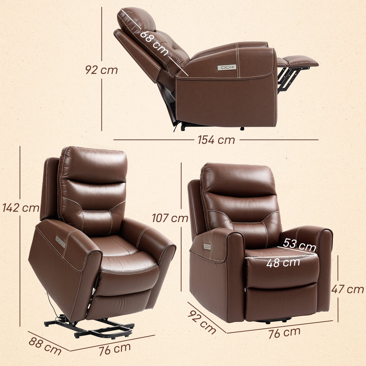 HOMCOM Power Lift Recliner Chair, Faux Leather, USB A+C Ports, Remote Control, Recliner Armchair for Elderly, Living Room, Brown