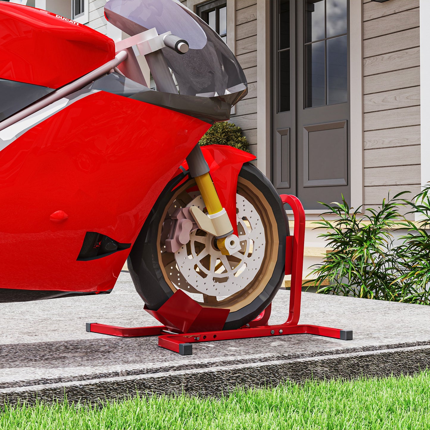 HOMCOM Motorcycle Wheel Chock Stand, Steel Adjustable Tyre Holder for 17", 19", 21" Front Wheels, Black