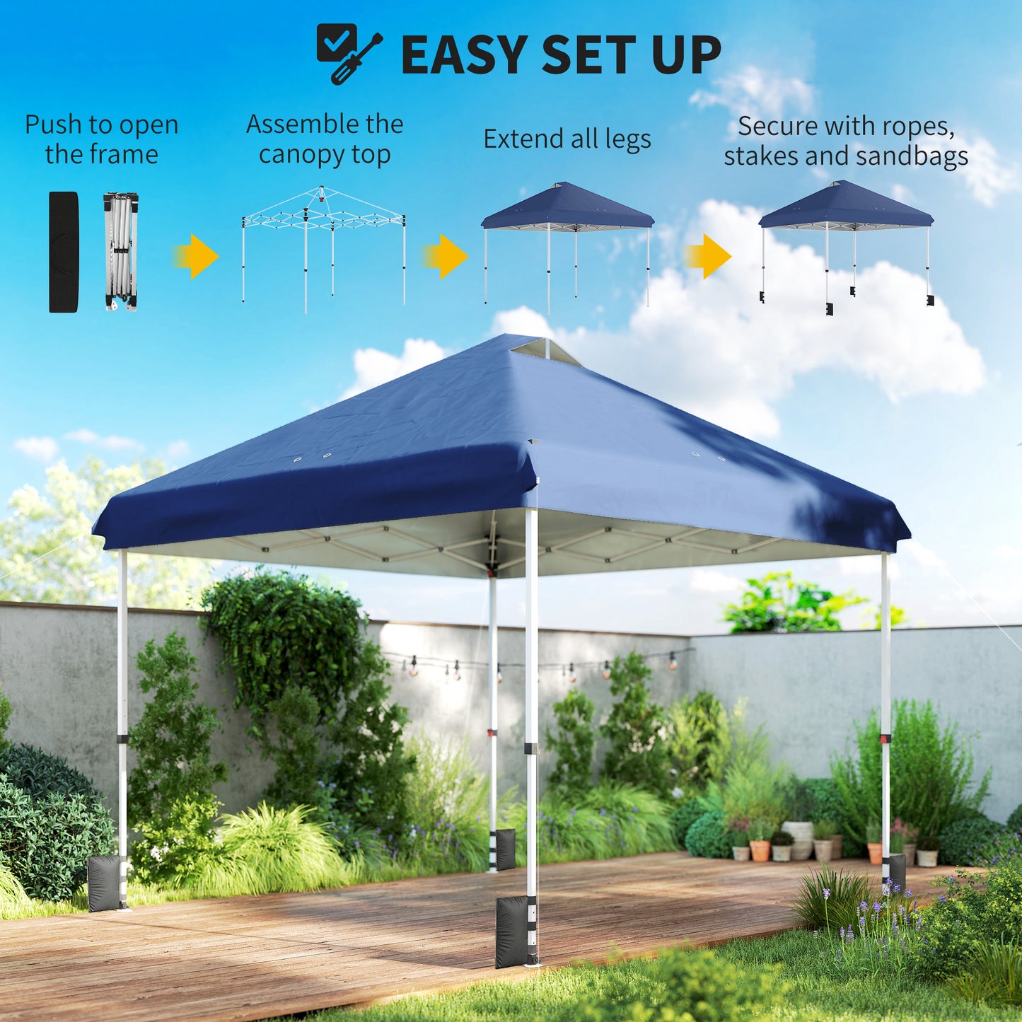 Outsunny 3 x 3 m Pop Up Gazebo with Wheels, UPF50+ One-Touch Outdoor Garden Party Tent Marquee Wedding Awning Canopy, Dark Blue