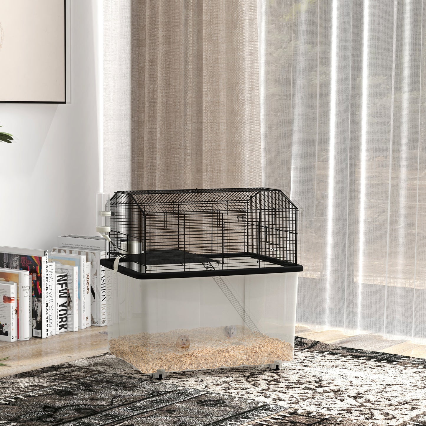 PawHut Two-Tier Gerbil Cage Hamster Cage for Dwarf Hamster Syrian Hamster w/ Wheels Deep Bottom Food Dish Water Bottle