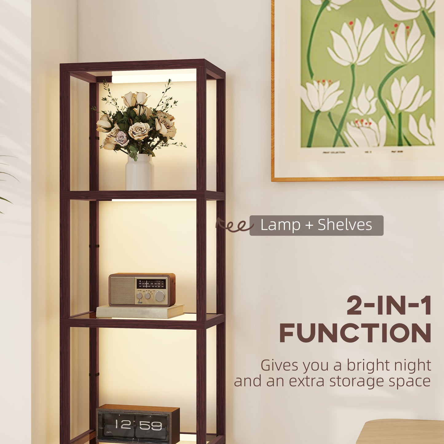 HOMCOM LED Floor Lamp with 4 Glass Shelves, Dimmable Tall Standing Light for Living Room, Bedroom, Office, Dark Brown