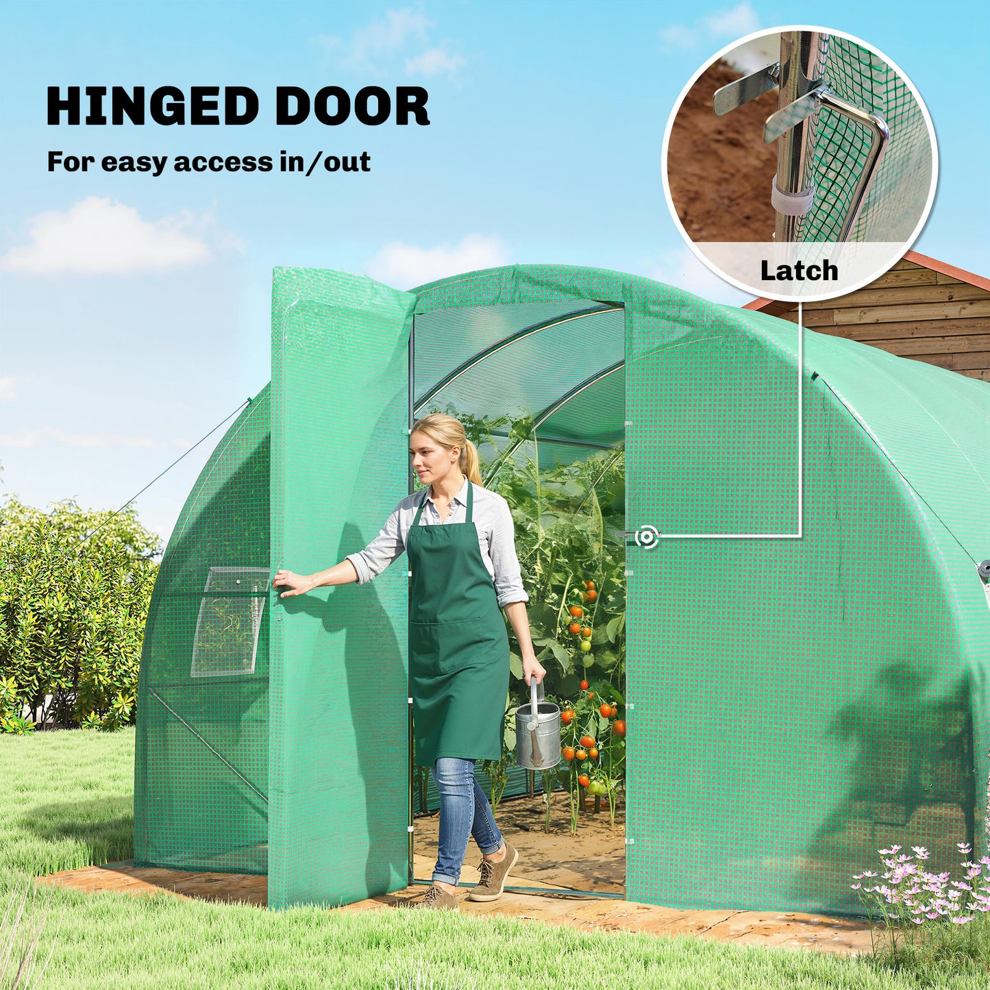 Outsunny 3 x 4 m Walk-in Polytunnel Greenhouse with Hinged Door and 8 Roll Up Mesh Windows, Garden Tunnel Warm House Tent, Green