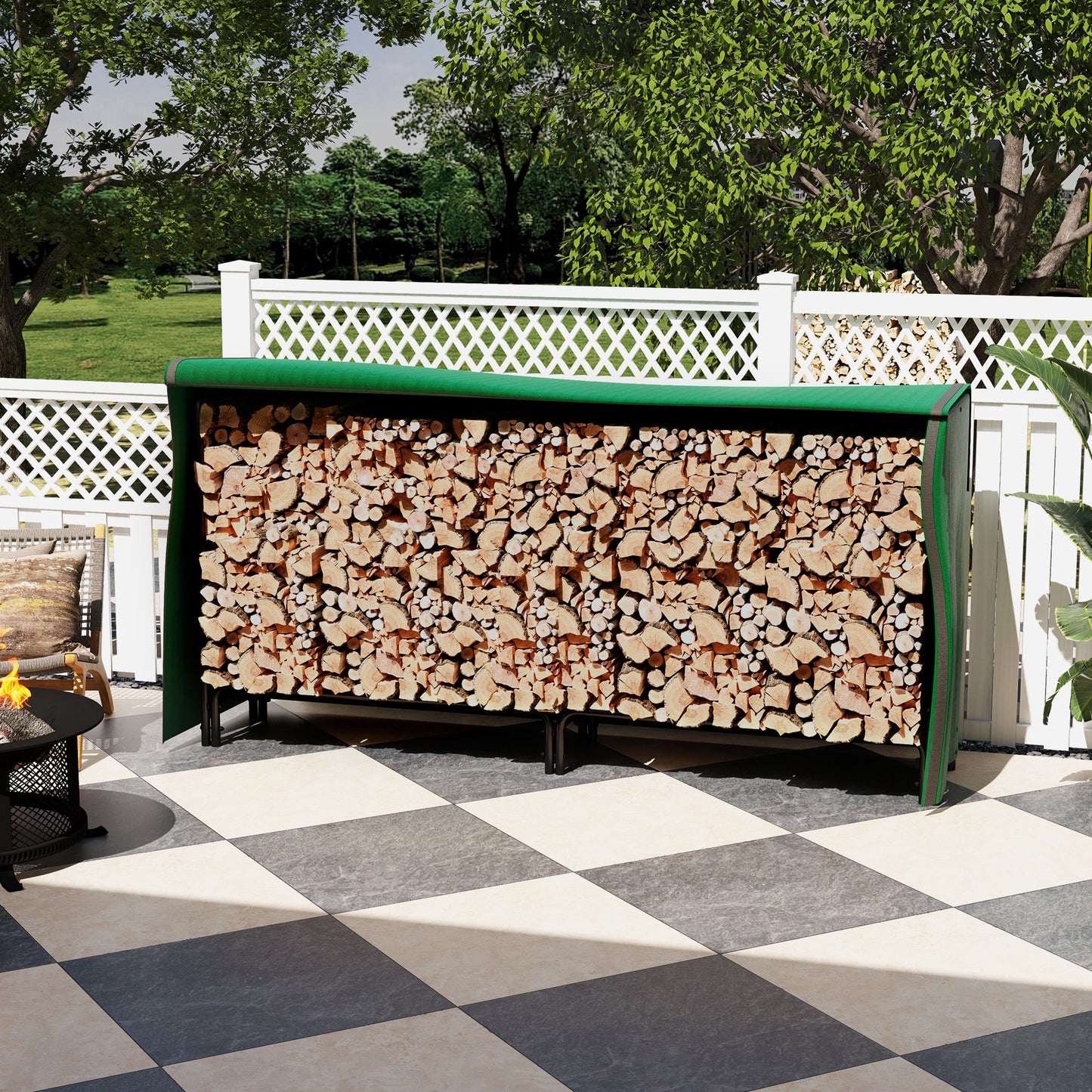 Outsunny Firewood Rack, Heavy Duty Metal Log Holder for Indoor/Outdoor Fireplace, Includes Waterproof Cover, 200 x 36 x 99 cm, Dark Green