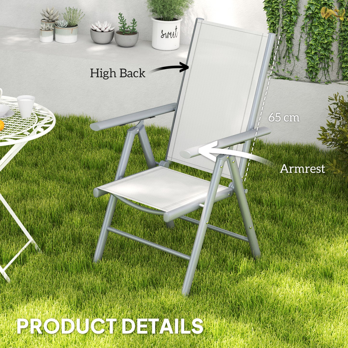 Outsunny Set of 2 Folding Aluminium Camping Chairs, Breathable Mesh, Armrests, Light Grey