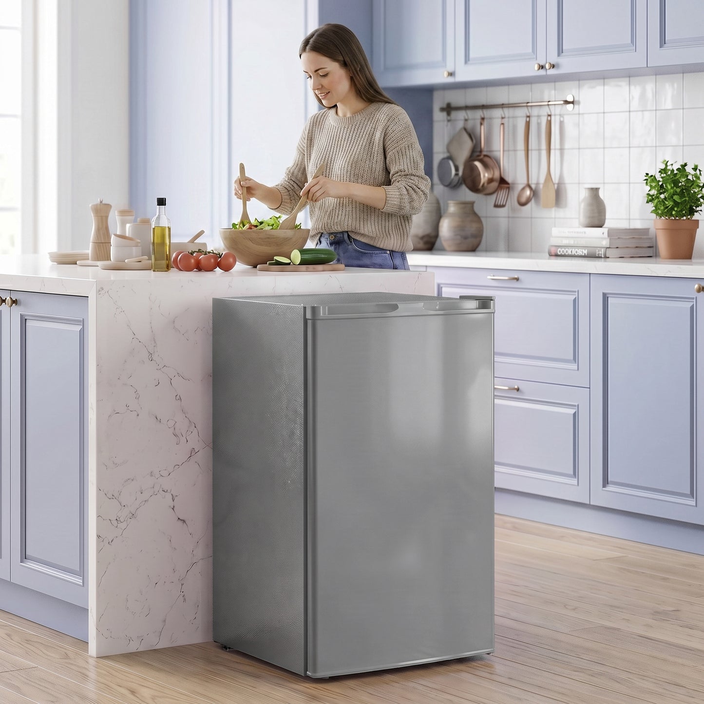 HOMCOM 85L Mini Freezer Countertop, Compact Freestanding Upright Freezer with Reversible Door, Removable Glass Shelves, Grey