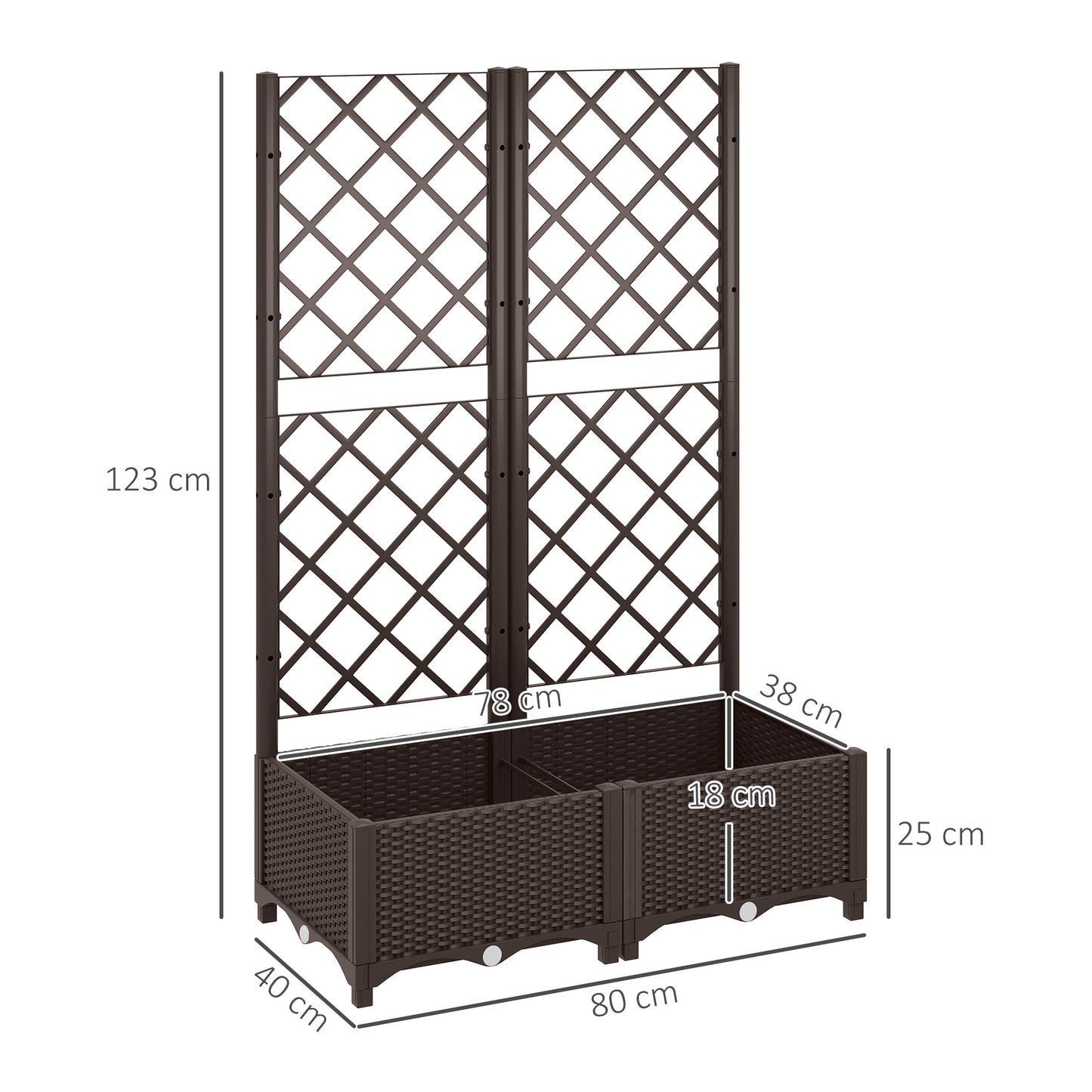 Outsunny Raised Garden Bed with Trellis, Plastic Planter Box with Drainage Holes 2 wide Brown