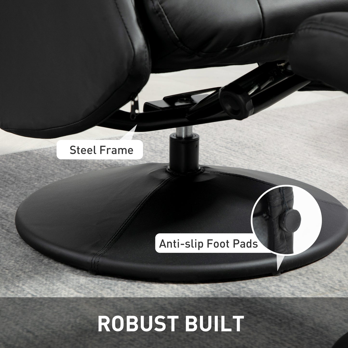HOMCOM Swivel Recliner Chair with Footstool, PU Leather Adjustable Recliner Armchair, Steel Frame, Flared Armrests for Living Room, Black