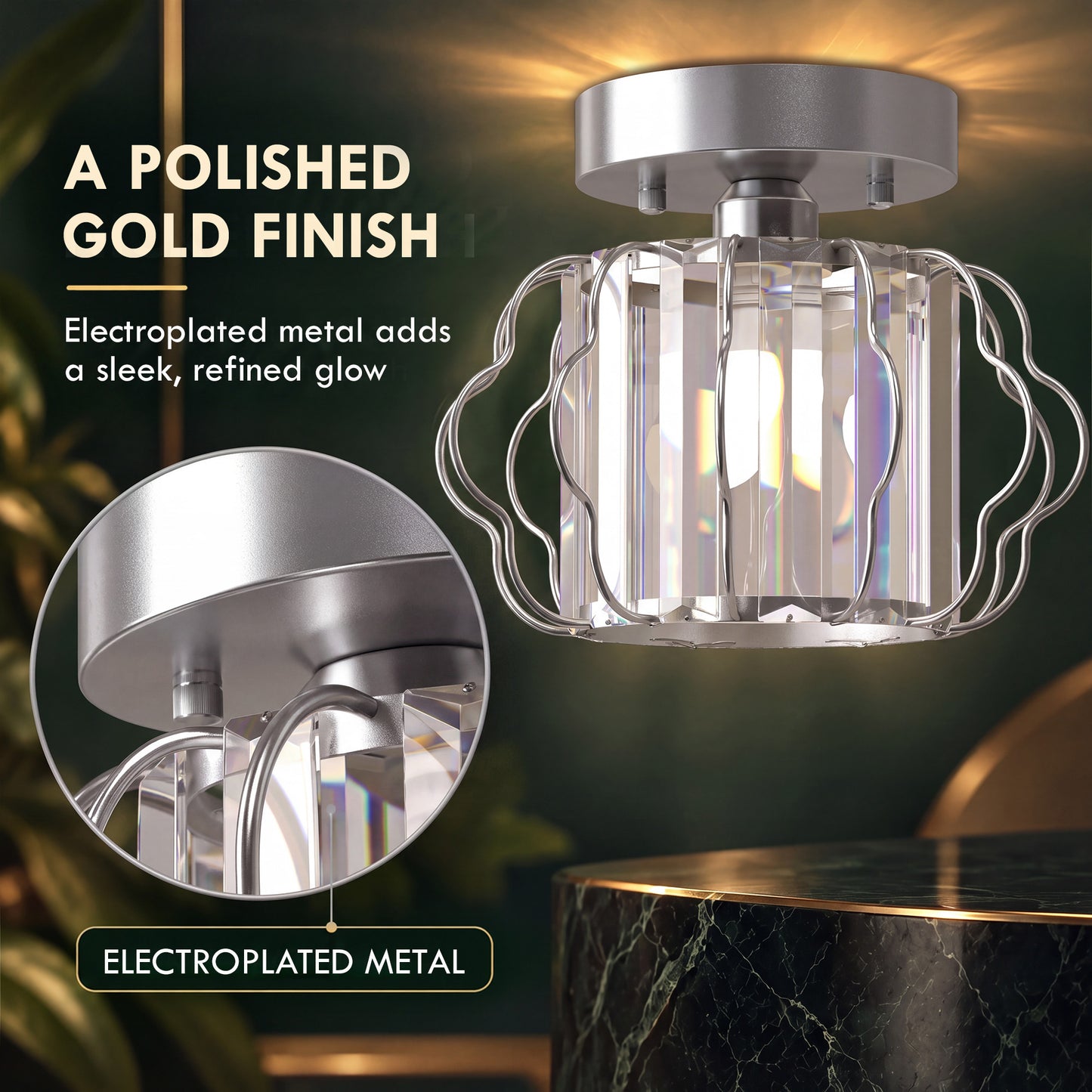 HOMCOM Crystal Ceiling Light Fixtures, Modern Semi-Flush Ceiling Lighting with Crystal Strips, 2 Pack, Silver Tone