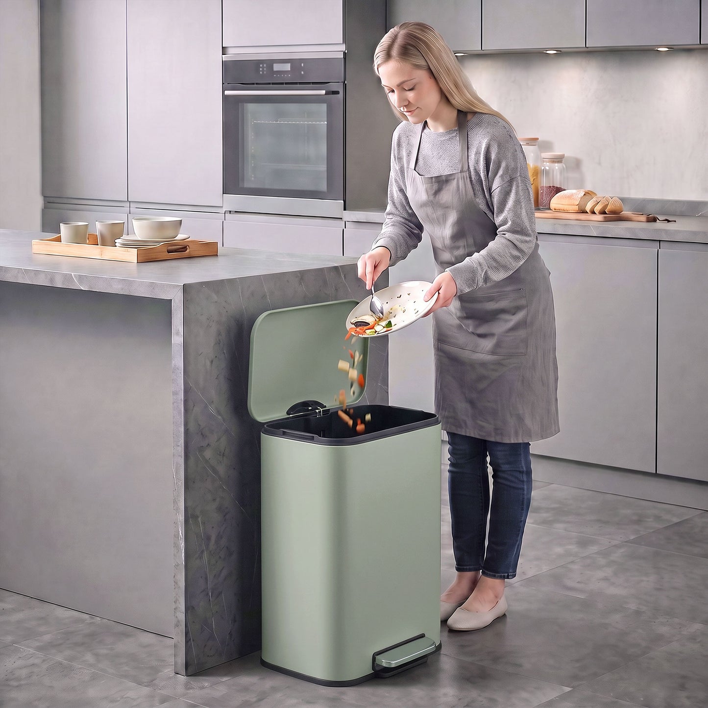 HOMCOM 50 L Kitchen Pedal Bin, Metal Rubbish Bin with Removable Inner Bucket, Soft-Close & Stay-Open Lid, Light Green