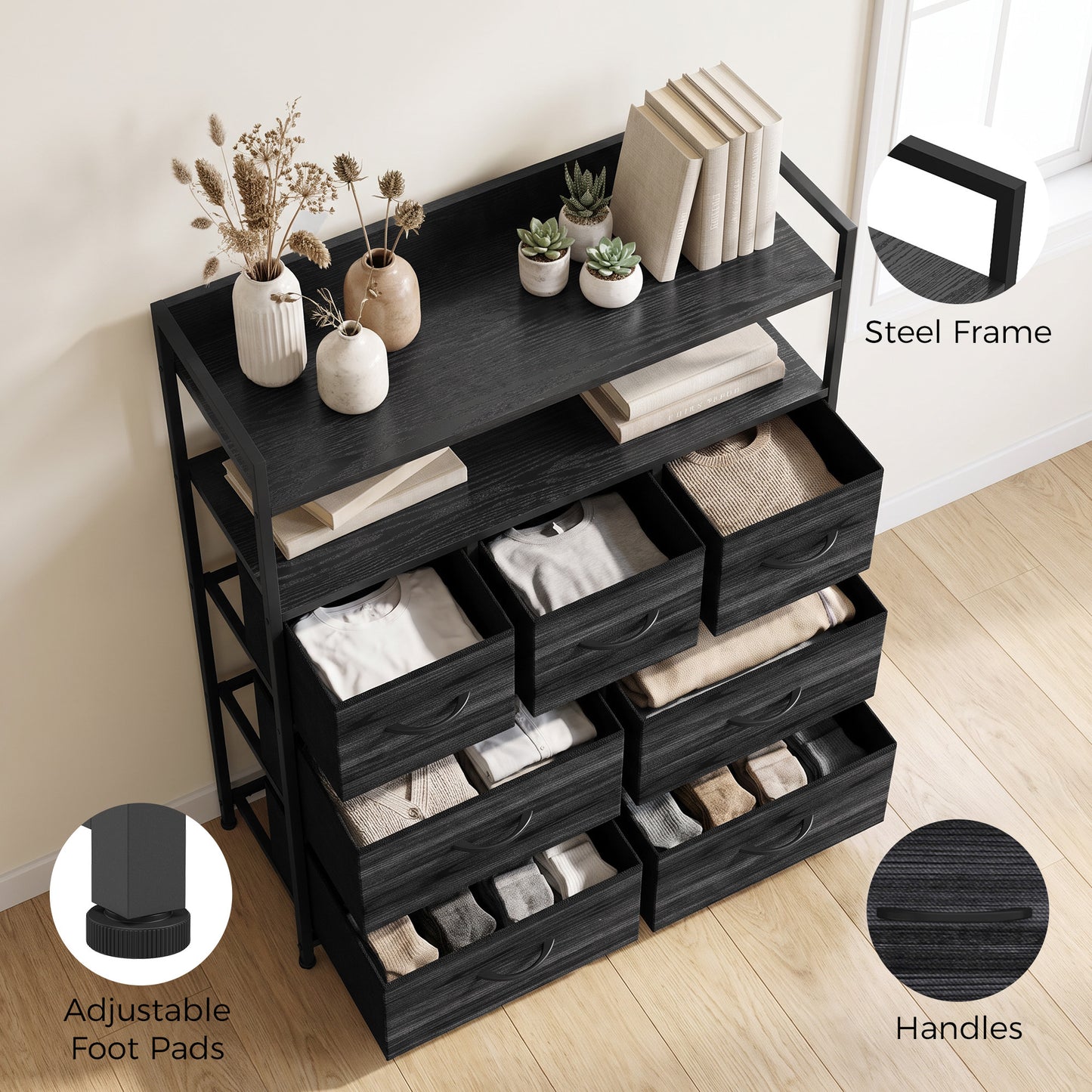 HOMCOM Chest of Drawers, Bedroom Fabric Dresser with 7 Drawers, Storage Organiser Unit with Open Shelves, Black Wood-Effect