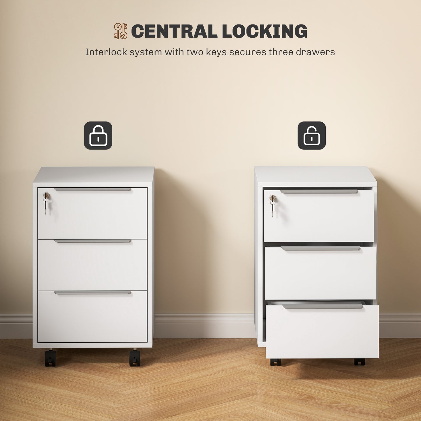 HOMCOM Three-Drawer Locking Filing Cabinet - White