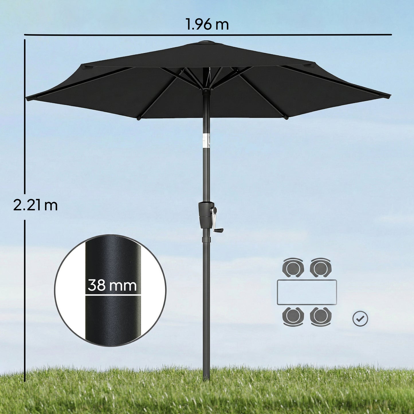 Outsunny 2m Garden Parasol Umbrella, Outdoor Table Parasol Umbrella with Crank Handle, UV30+ Protection