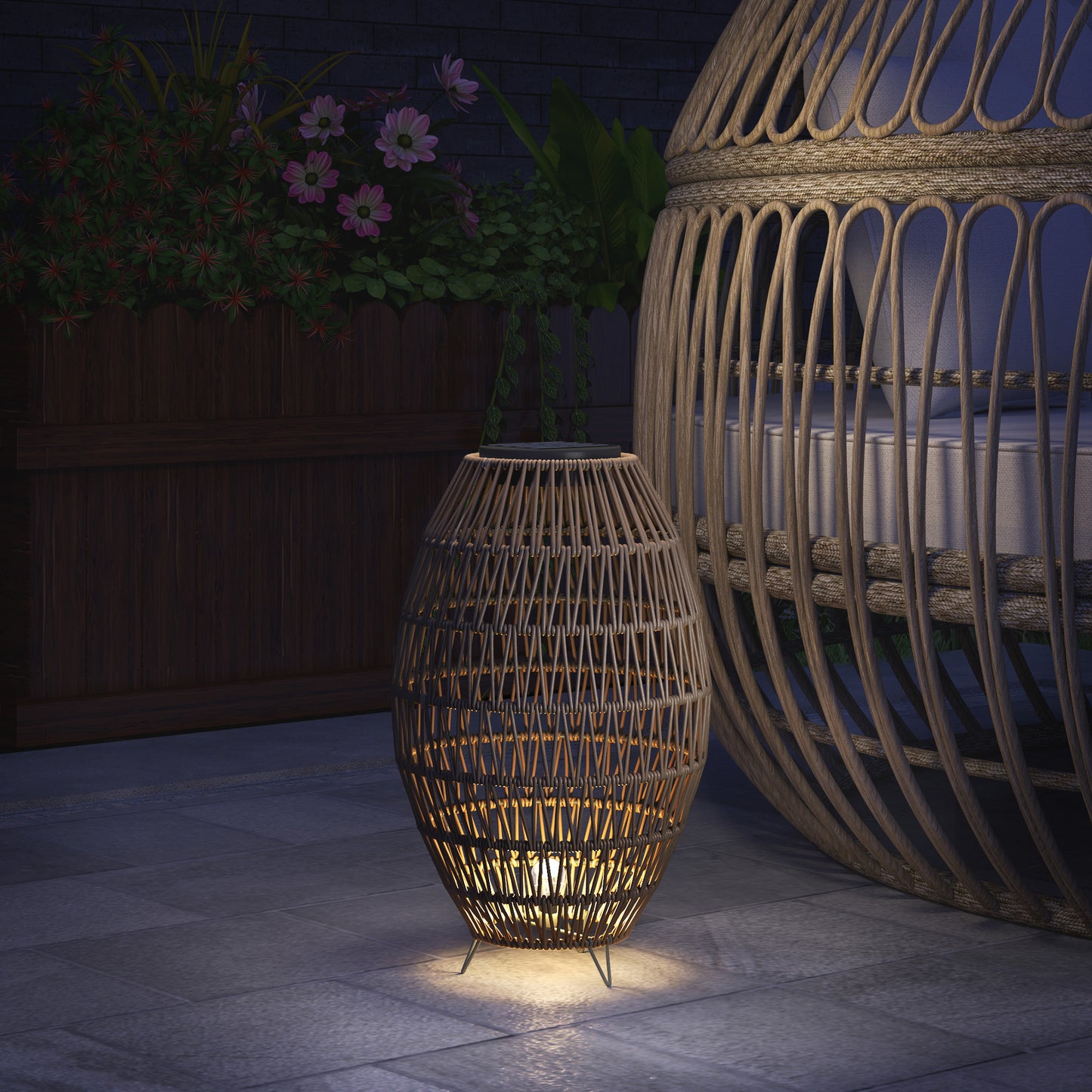 Outsunny Rattan Solar Lamp, Auto On/Off, IP44 Waterproof, Decorative Porch/Pathway Outdoor Lantern, Dark Brown