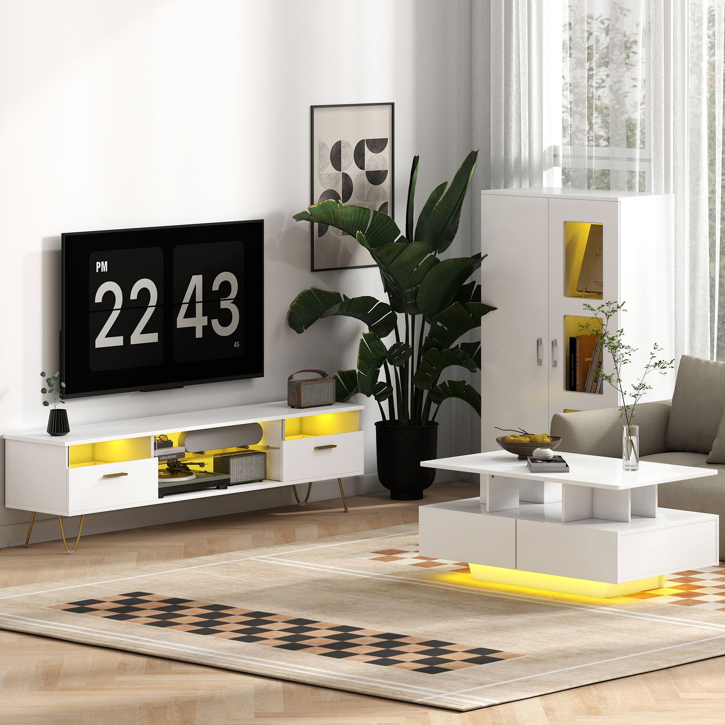 HOMCOM Sideboard, Display Cabinet with 16-Colour RGB LED Lights & Remote, Modern Storage with Glass Doors & Shelves, White