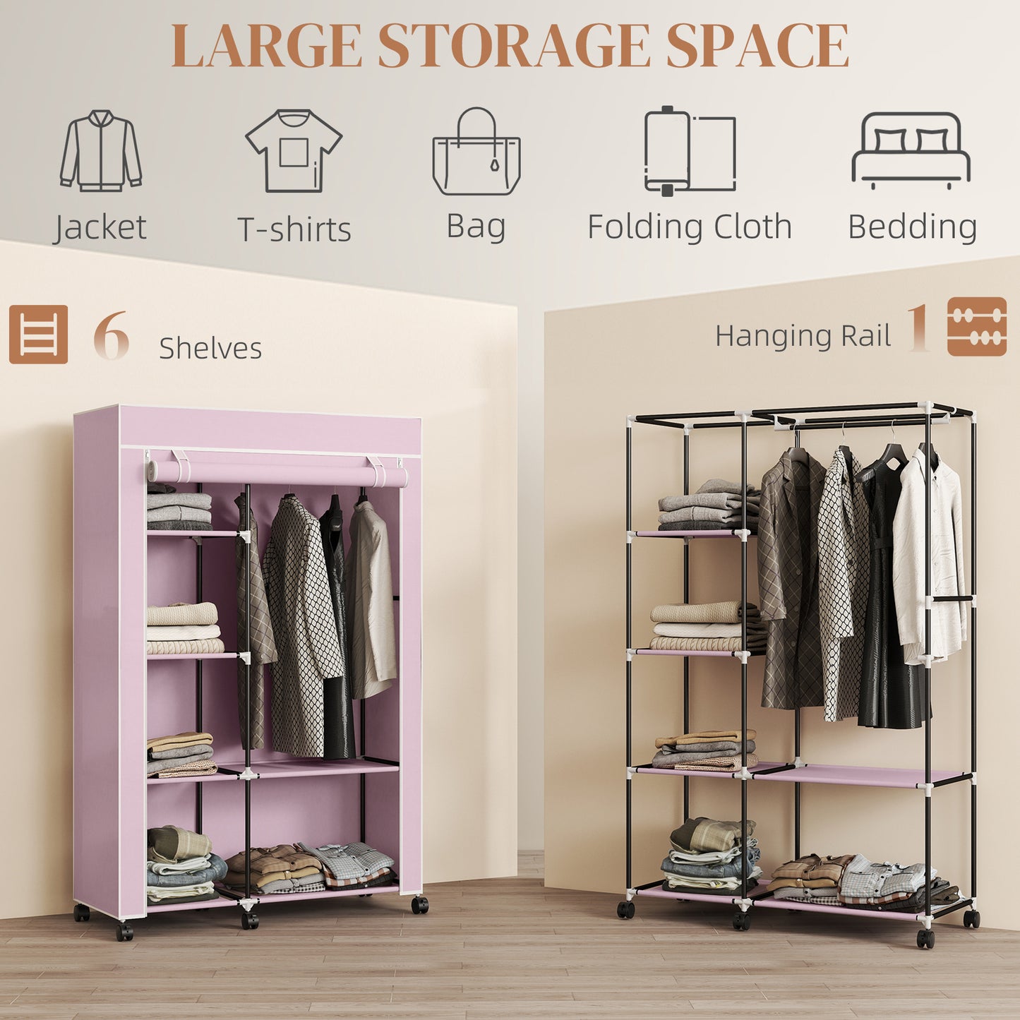HOMCOM Fabric Wardrobe, Portable Wardrobe with 6 Shelves, 1 Hanging Rail, Pink
