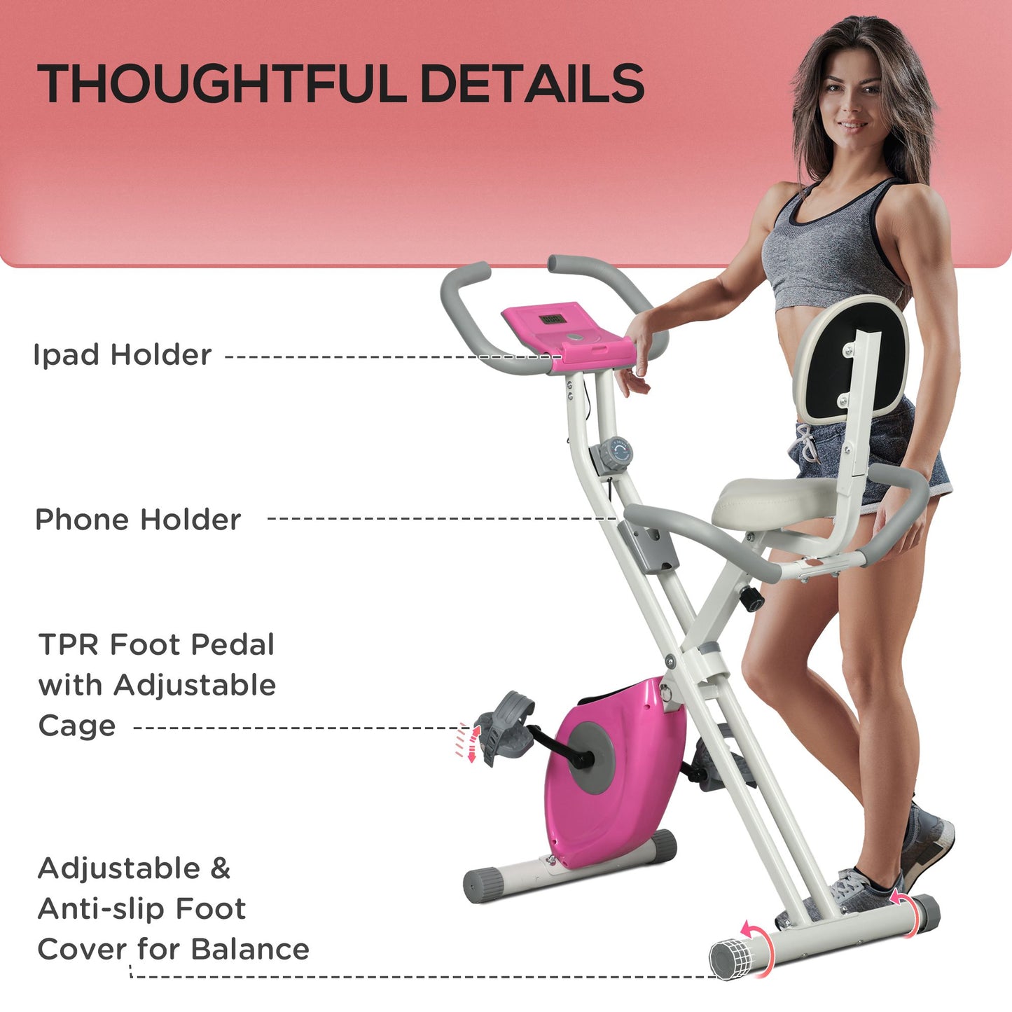 HOMCOM Folding Exercise Bike, 8 Level Magnetic Resistance Indoor Stationary Bike, Upright Fitness Bike with Backrest Tablet Holder, 5 Level Adjustable Seat Height, White