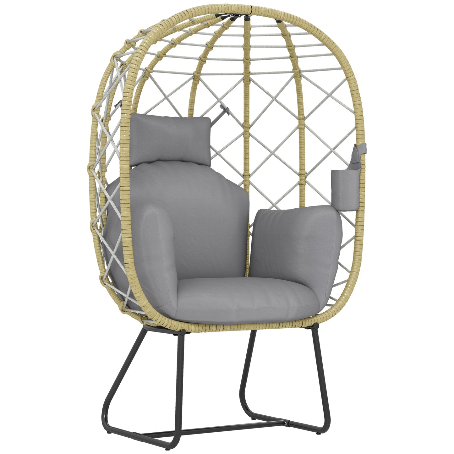 Outsunny Rattan Egg Chair for Outdoor/Indoor Use, with Cushion, Headrest, Cup Holder, Metal Frame, Grey
