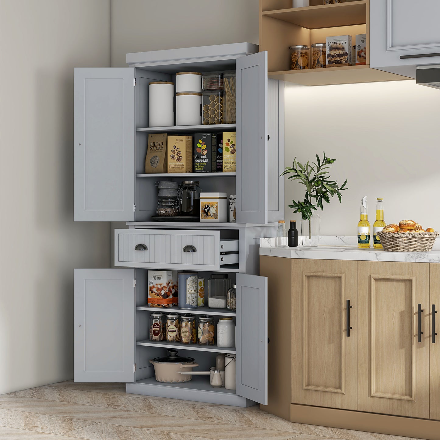 HOMCOM Traditional Kitchen Cupboard Freestanding Storage Cabinet with Drawer Doors and Adjustable Shelves Grey