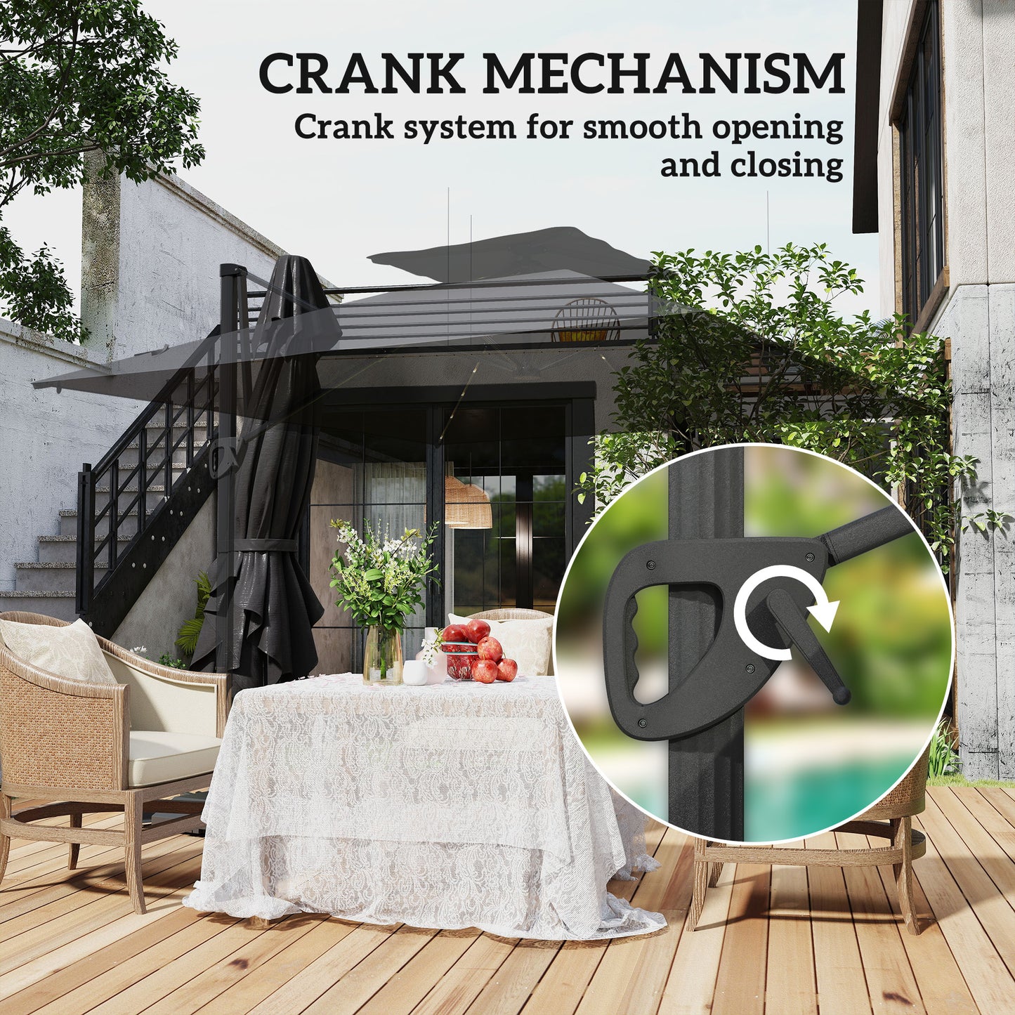 Outsunny Garden Cantilever Parasol, 3.5x3m, Solar LED Lights, UPF50+ Patio Umbrella with Cross Base, Crank Handle & Tilt, Black